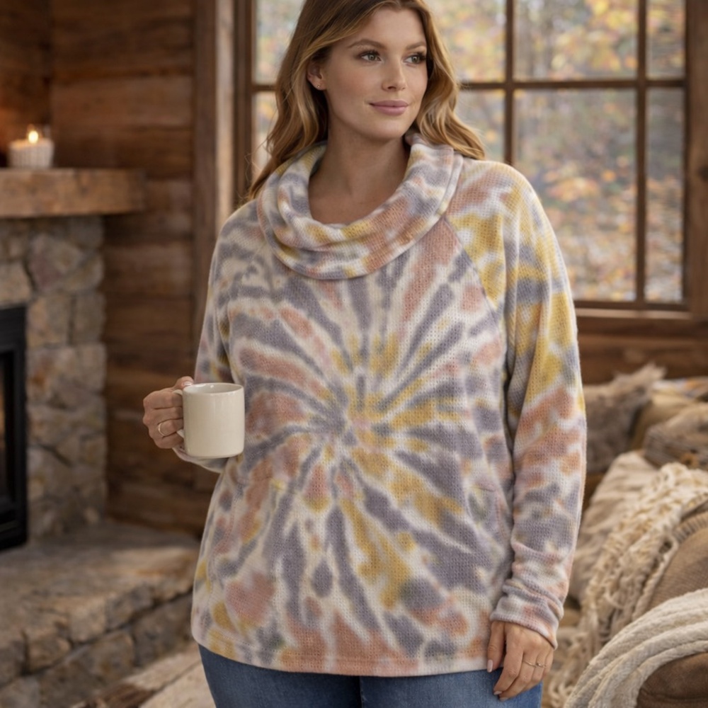 PILCRO‎ Tie Dye Waffle Knit Mock Neck Top Cozy Autumn Plus 1X